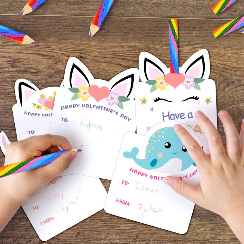 ORIENTAL CHERRY Valentines Day Cards for Kids - Set of 24 Rainbow Pencils Unicorn Valentines - Class Party Favors Valentine day cards Exchange Bulk for Girls Boys School Classroom Supplies - Image 5